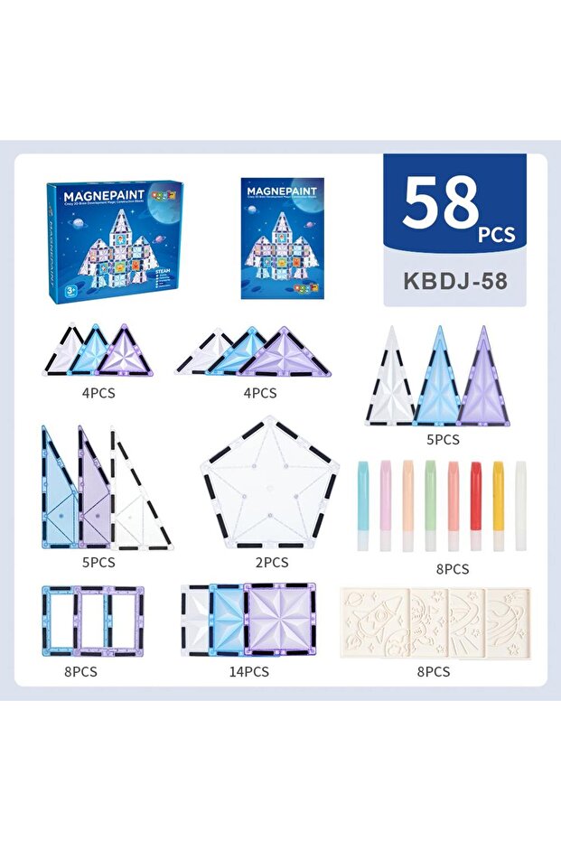 LUNARIX™  Uzay Temalı Boyanabilir Manyetik Yapı Blokları- Yaratıcılığı Geliştiren 58 Parça Set