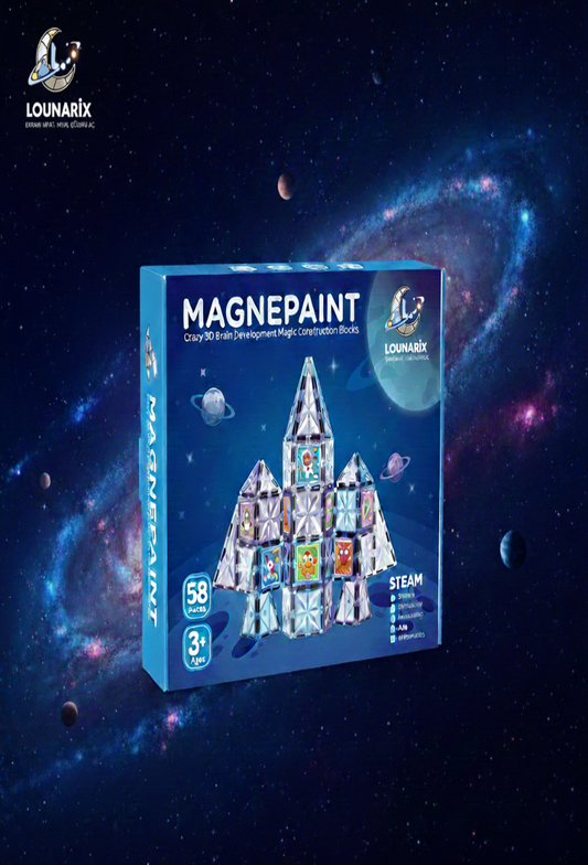 LOUNARİX™  Uzay Temalı Boyanabilir Manyetik Yapı Blokları- Yaratıcılığı Geliştiren 58 Parça Set