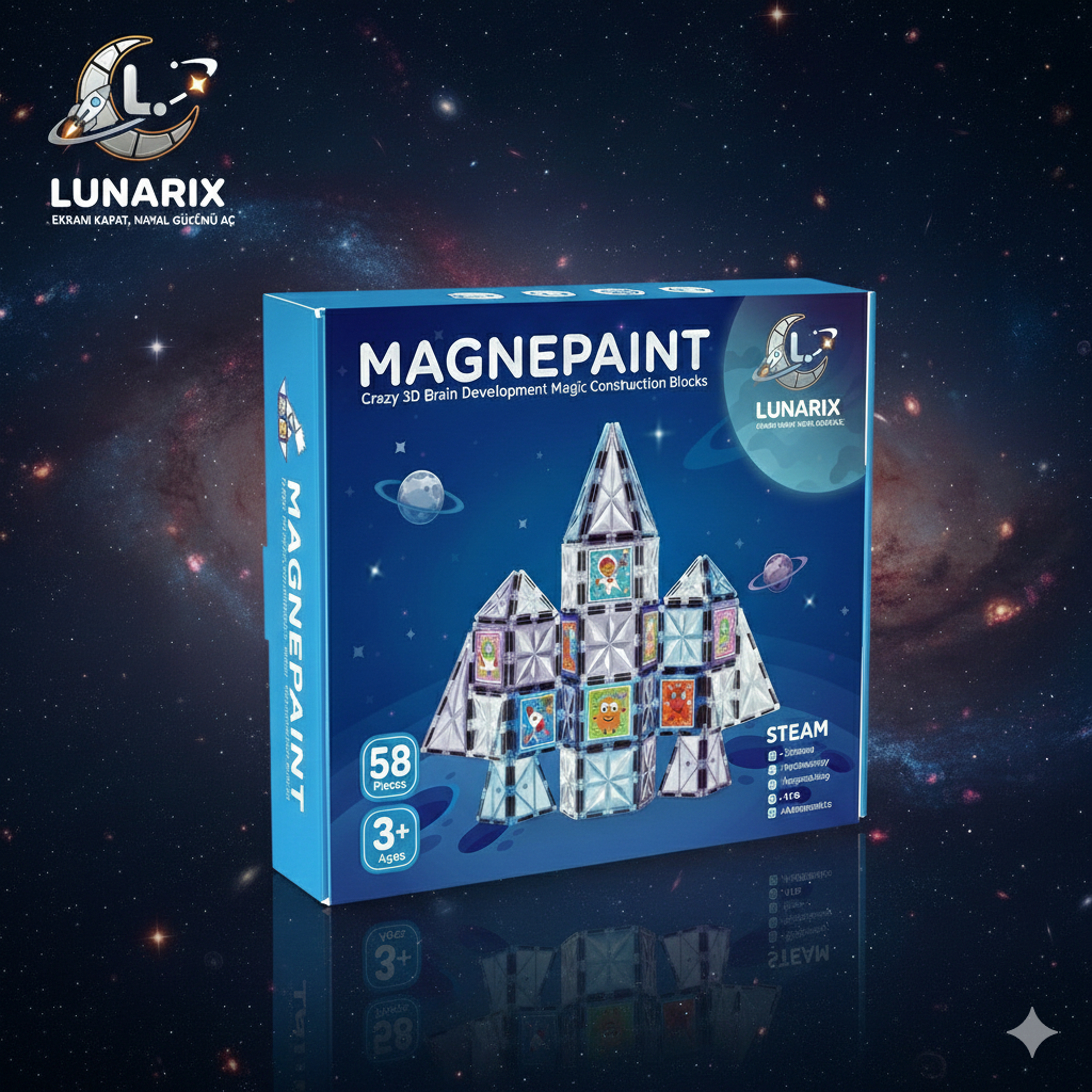 LUNARIX™  Uzay Temalı Boyanabilir Manyetik Yapı Blokları- Yaratıcılığı Geliştiren 58 Parça Set